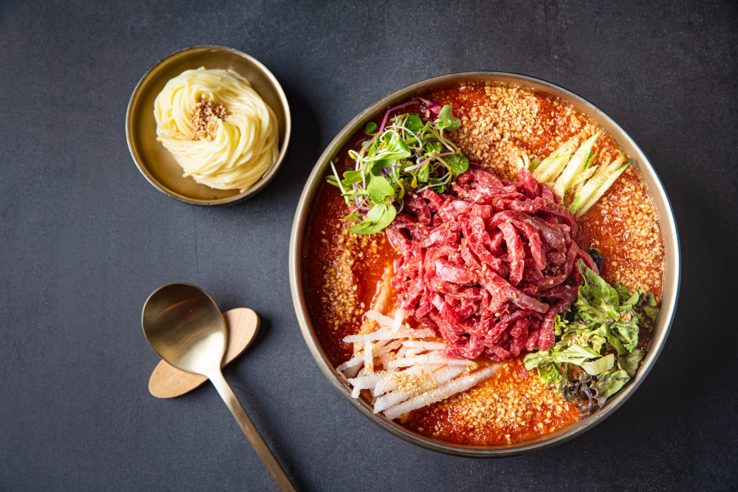 Hanwoo beef tartare cold soup noodles (Yukhoe Mulhoe) at Hwangnam Ddukkeobi Sikdang Gyeongju